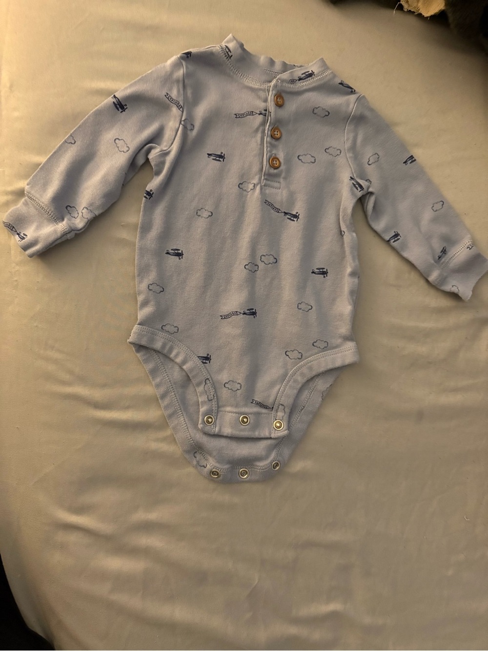Carter's Light Blue Long-Sleeve Bodysuit with Navy Airplane Print